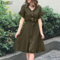 ZANZEA Women Short Sleeve Button Up A-Line Sundress Party Summer Belted Long Midi Dress #15. 