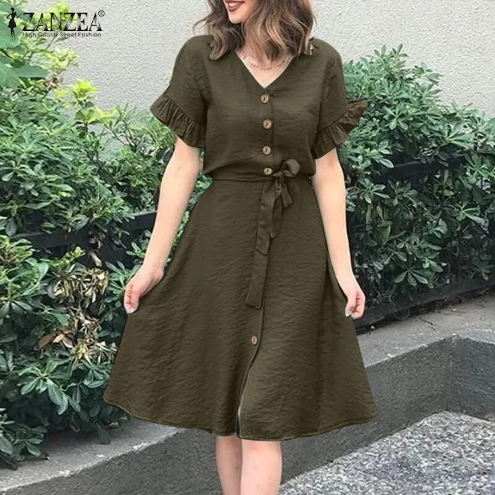 ZANZEA%20Women%20Short%20Sleeve%20Button%20Up%20A-Line%20Sundress%20Party%20Summer%20Belted%20Long%20Midi%20Dress%20#15%20-%20Image%203