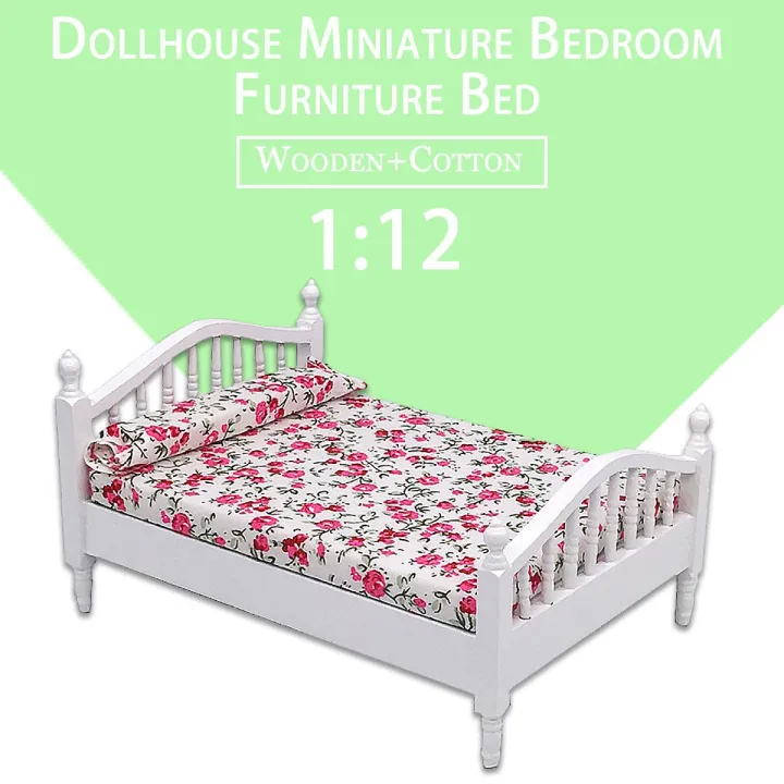 1:12%20Dollhouse%20Miniature%20Bedroom%20Furniture%20Wooden%20Bed%20With%20Mattress%20White%20European%20-%20Image%203