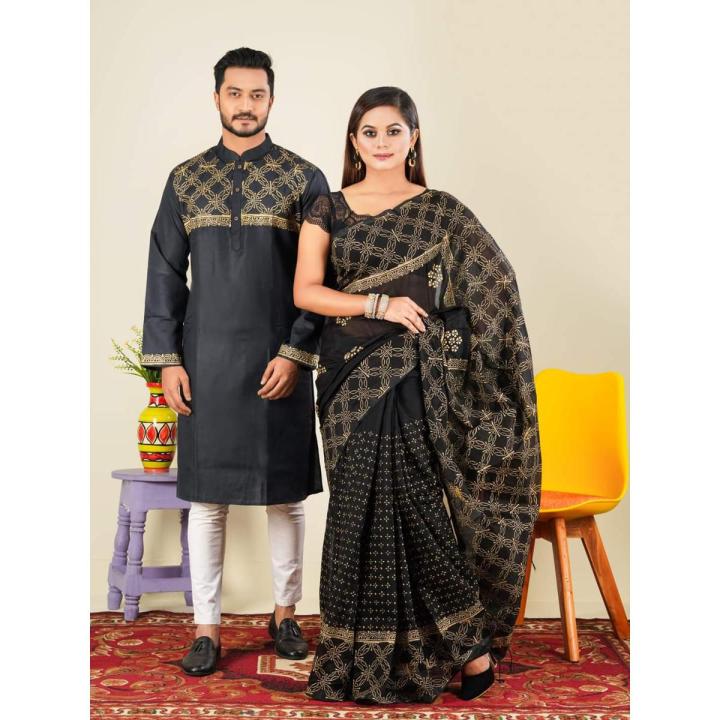 Ensemble Yourself - Superb Quality - Dhupiyan Silk Sharee and Cotton panjabi For Combo Couple Dress - Trend and Needful - Well Inspired & Crafted