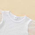 2Pcs Girls Summer Outfit, Patchwork Bubble-Sleeve Blouse + Frill Denim Shorts Set for Kids, 6 Months to 4 Years. 