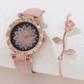Women's Watch Flower Fashion Quartz Watch Sparkling Rhinestone Analog Wrist Watch & 1pc Rose Flower Bracelet, Gift For Mom Her.