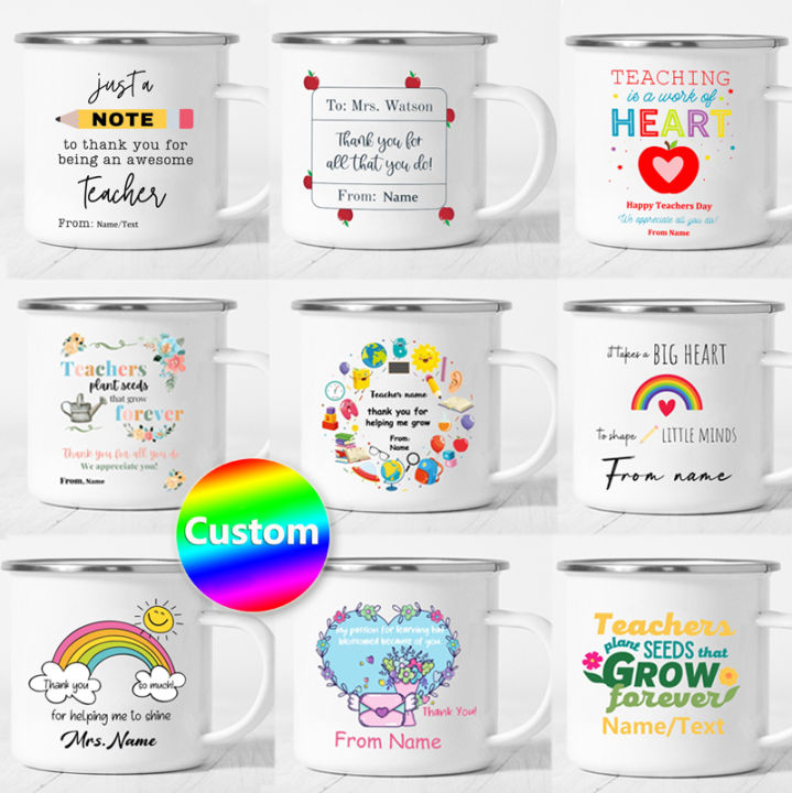 Free Custom Name / Text ❤️ Appreciation Presents for Teacher Enamel Mug School Water Enamel Cup Coffee Mugs Teachers Day Gifts
