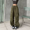 Y2K Trousers Women Cargo Pants Straight Wide Leg Drawstring Oversize Pockets Kpop High Waisted Breathable Solid Color Sweatpants. 