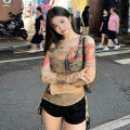 Spring and Autumn Graffiti off-Shoulder Top Women's Design Sense Niche Sexy Hot Girl Drawstring Night Club Style Long Sleeve T T-shirt.