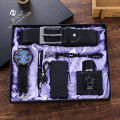 New Men's Business Gift Box Set Temperament Belt Watch Pen Necklace Belt perfume Power Bank 6 Piece Set. 
