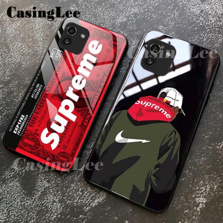 Casinglee for Samsung Galaxy A03 Case Tempered Glass Protector Mirror Couple Back Cover SUP Supreme Design Samsung A03 case cover For girls and Boys