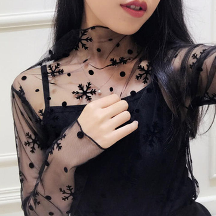 Women Summer Transparent Mesh Blouse Shirt Tops Blusas Long Sleeve Blouse Chemise Femme Casual Dot Feminine Blouse