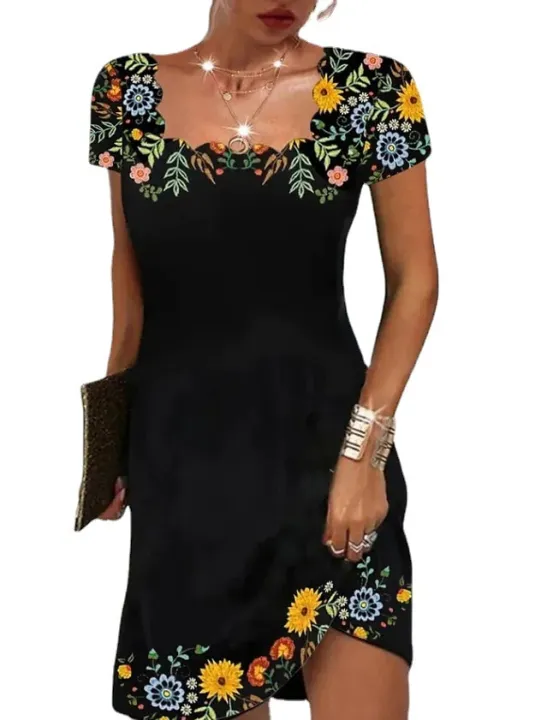 2023%20Summer%20Women's%20Wavy%20Neck%20Print%20Short-sleeve%20Dress%20Elegant%20Casual%20Floral%20Theme%20Printed%20Female%20Fashionable%20Knee%20Length%20Dress%20-%20Image%205