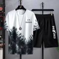 Mens Casual Sports Suit Summer New Ice Silk Tracksuits Short Sleeves TShirt and Shorts Set Men Sweat Suits Short Sets Clothing. 