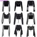 Goth Black Long Sleeve Corset Crop Tops Women Aesthetic V-Neck Velvet Lace Mesh T-Shirts Y2K Harajuku Vintage Fashion Tops. 