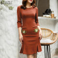 Korean Style Women's Dress Elegant 3/4 Sleeve Knitted Sundress Floral Embroidery Midi Dresses #11. 