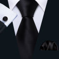 Business Black Silk Ties For Men Classic Solid High Quality Woven Pocket Square Cufflinks Sets Party Formal Designer Barry.Wang. 