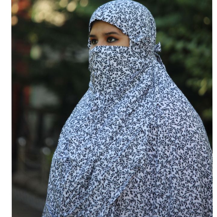 Beautiful black print white khimar muslim hijab with niqab for muslim womens china linen