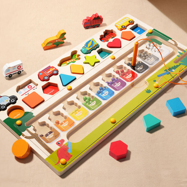 Wooden three in one. 9 shape, color classification, traffic matching, magnetic beads, walking position, early education, puzzle, and enlightenment toys