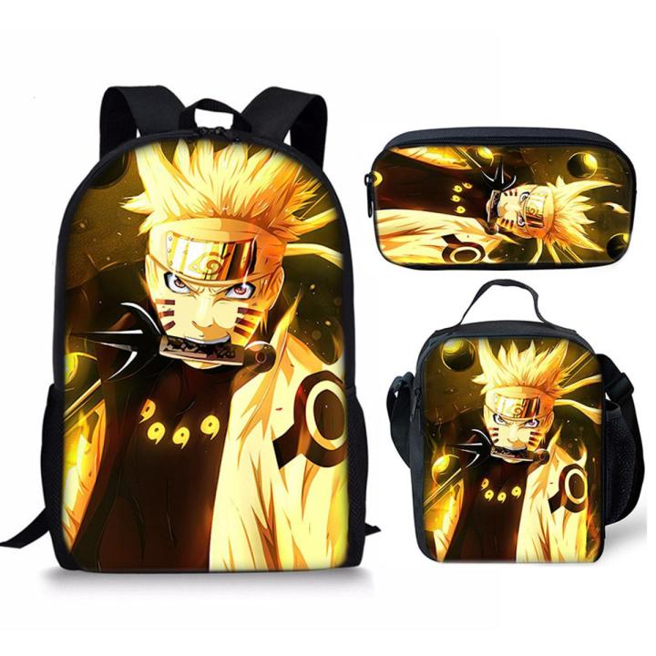Bandai Naruto School Bag Printed Lunch Bag Pencil Case Backpack Three-piece Set Gifts Backpack Lightening Zipper Shoulders