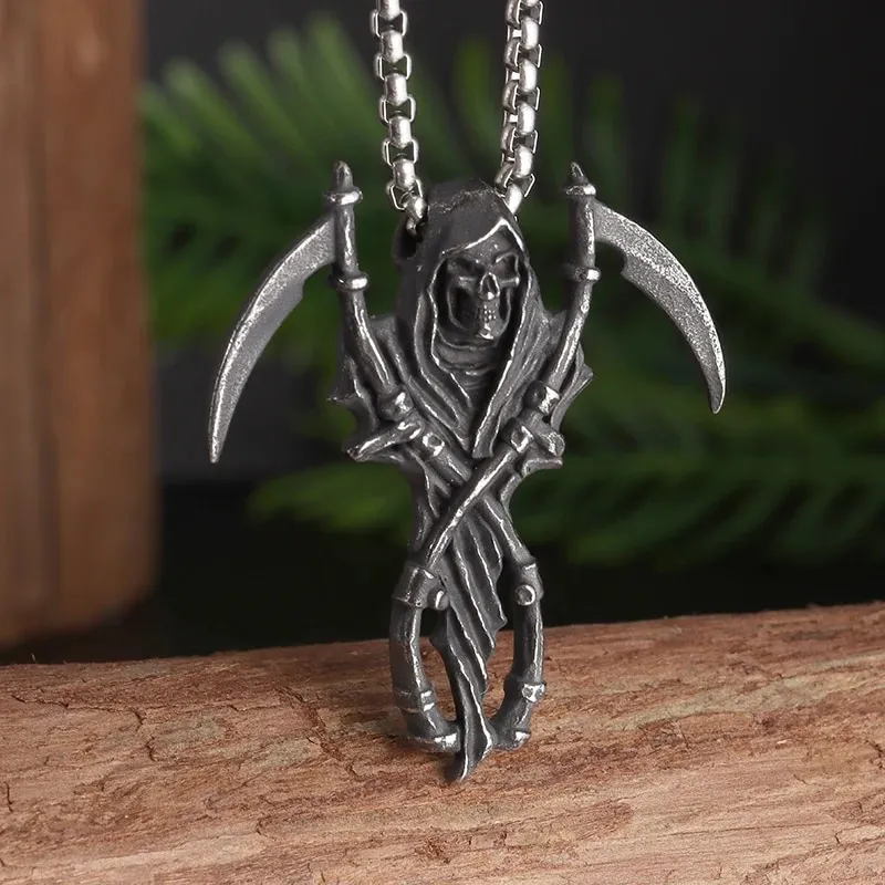 Retro Gothic Death Blade Skull Pendant Necklace for Men Boys Fashion Punk  Halloween Rock Party Jewelry Gift