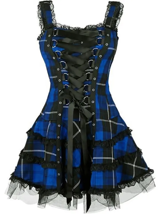 Vintage%20Plaid%20Bandage%20Gothic%20Women%20A-line%20Dresses%20Grunge%20Aesthetic%20Lace%20Trim%20Patchwork%20Mini%20Dress%20Punk%20Bodycon%20Partywear%20-%20Image%202