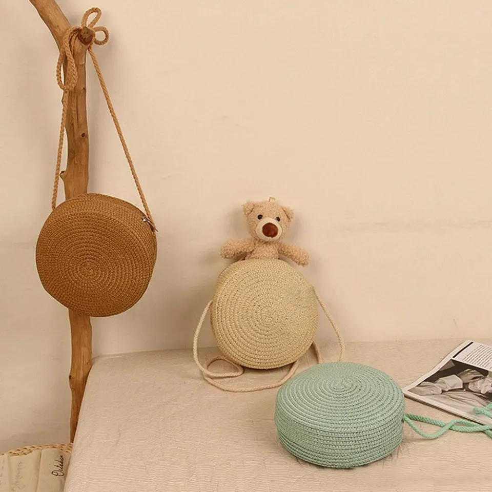 Round Rattan Circle Basket Sling Bag Bali Bag Round Straw Bag