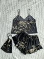 Elegant Floral Print Cami Tops Ruffle Hem Shorts Pajama Set Women's Sleepwear Loungewear. 