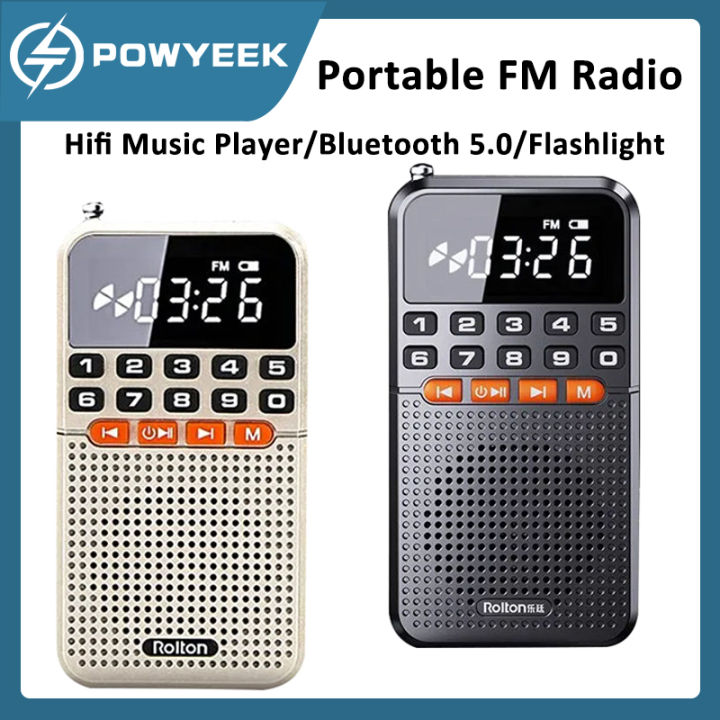 Portable FM Mini Radio Dual Antenna Pocket Radio Receiver Bluetooth 5.0 Speaker TF Card Music Player with LED Flashlight