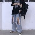 Summer New Korean-StyleinsWater Washed Hole Wide Leg Pants High Waist Slimming Jeans Women's Baggy Straight Trousers Tide.