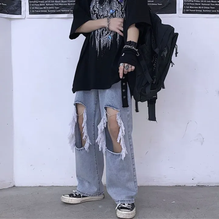 Summer%20New%20Korean-StyleinsWater%20Washed%20Hole%20Wide%20Leg%20Pants%20High%20Waist%20Slimming%20Jeans%20Women's%20Baggy%20Straight%20Trousers%20Tide%20-%20Image%205