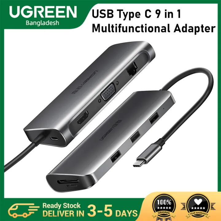 UGREEN CM179(40873) USB  Type C Multifunctional  Adapter (Gray) - USB Type C 9 in 1 Multifunctional Adapter - 5Gbps Data Transfer - 1 HDMI, 1 VGA, 1 Ethernet port, 3-port USB 3.0, TF SD card reader and 1 type c PD 3.0 charging port