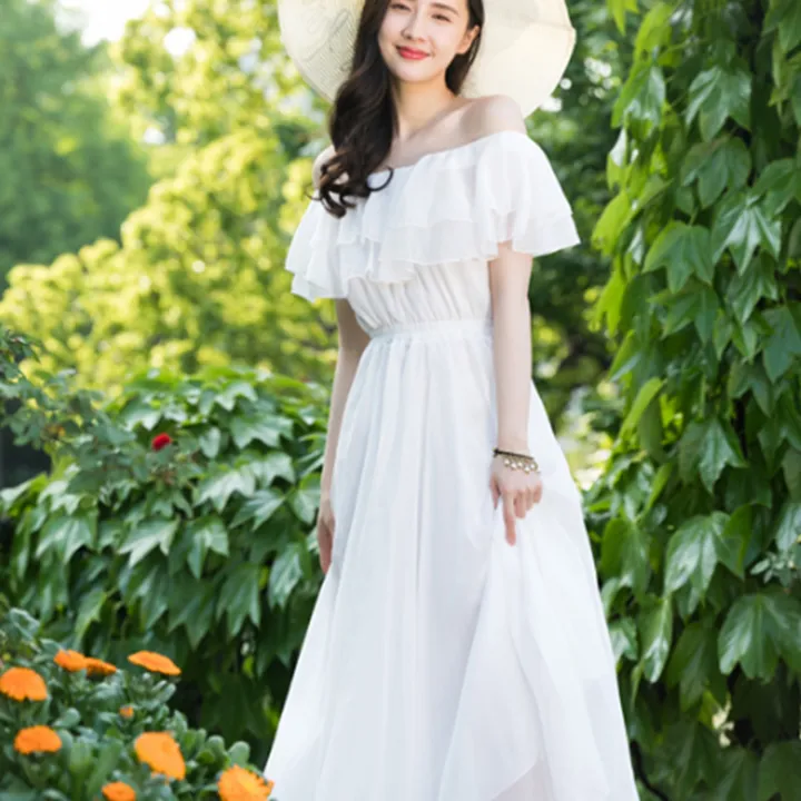 Women's%20Summer%20Beach%20Style%20Chiffon%20White%20Long%20Dress%20Lady%20Graceful%20Fairy%20Layers%20Ruffles%20Off-Shoulder%20Dresses%20Evening%20Party%20Gown%20-%20Image%205