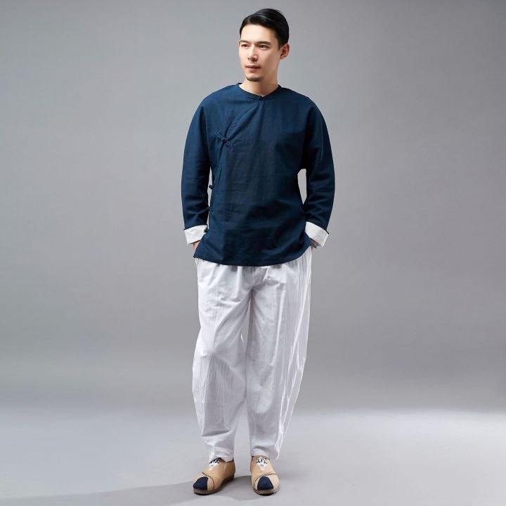 New Round Neck Pulling Sleeves, Ramie Men's Long sleeved Top, Ma Fan Cloth, Ethnic Style, Solid Color Tang Dress