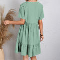 Summer Womens Short Sleeve Mini Dress Ladies Pleated Ruffle Solid Dresses Casual V Neck Vintage Loose Vestidos. 