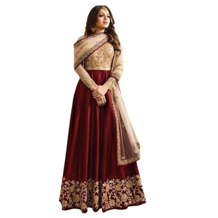 slim fit dress slacks Leilyn-Traditional Bridal Gold Tissue Gown with Maroon Chiffon Dupatta –  Pakistani Moda main image 1