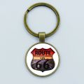 Vintage ROUTE 66 Keychain Motorcycle Car Keyring Handmade Glass Cabochon Key Chain Holder Women Men Jewelry Gift. 
