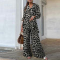 Women’s 2PCS Leopard Printed Long Sleeve Tops Shirt Wide Leg Pants Trousers Suits. 