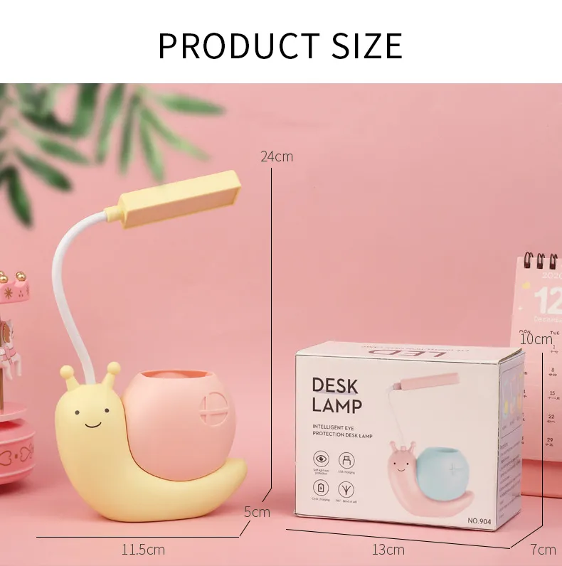 Cute Desk Lamp with Pen Holder Snail Rechargeable LED Table Lamp for Kids Foldable Reading Desk Light for Bedroom Nursery Study Home-D Shop