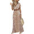 Long Dress High Slit Hem Paisley Print Short Sleeve Belt Long Dress. 