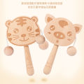 Wooden cartoon tambourine toy, newborn baby can chew and shake drum, traditional children's early education hand ringing the bell. 