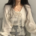 Thin White Cardigan Bandage Lantern Sleeve Short Coat Pull Femme Knitwear Top Girl Cardigan Korean Style Casual T Shirt. 