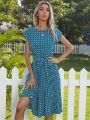 Women Polka Dot Print Vestido summer Elegant High Waist Short Sleeve Midi Dresses 2023 Beach Casual Floral Pleat A-line Sundress. 
