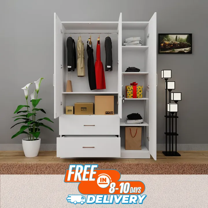 VIKI 3 Door Wardrobe | 3 Part Almirah for Clothes, Door for Bedroom, 3 Door Wardrobe with Drawer & Hanging Space Multipurpose Use your Home & Office Design by Nahid Furniture(Frosty White - 40D x 120W x 180Hcm) |