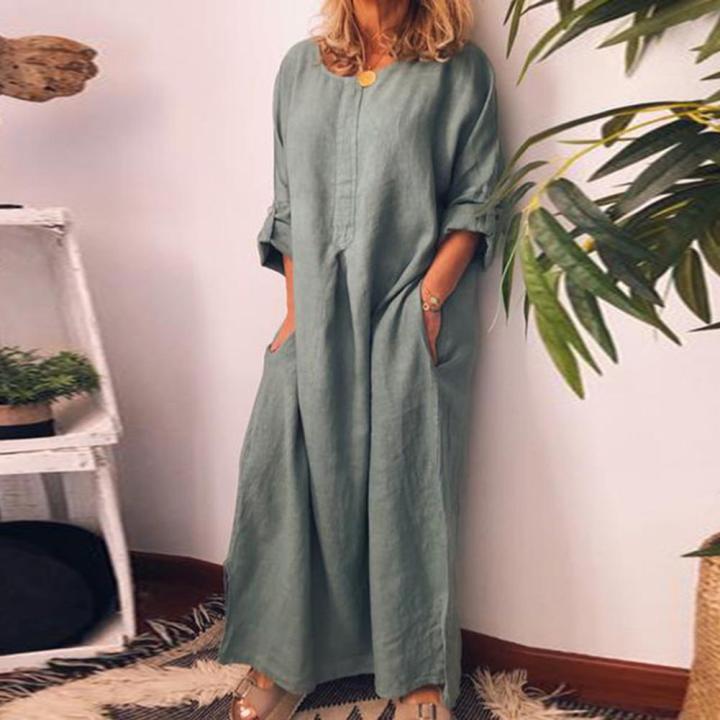 75%25%20s!!!%20Summer%20Women's%20Casual%20Solid%20Color%20Oversized%20Cotton%20Linen%20Long%20Shirt%20Kaftan%20Dress%20Loose%20Long%20Sleeve%20Dress%20House%20Foocus%20-%20Image%204