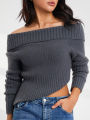 Women's Off Shoulder Sweater, Long Sleeve Solid Color Asymmetrical Hem Knit Tops. 