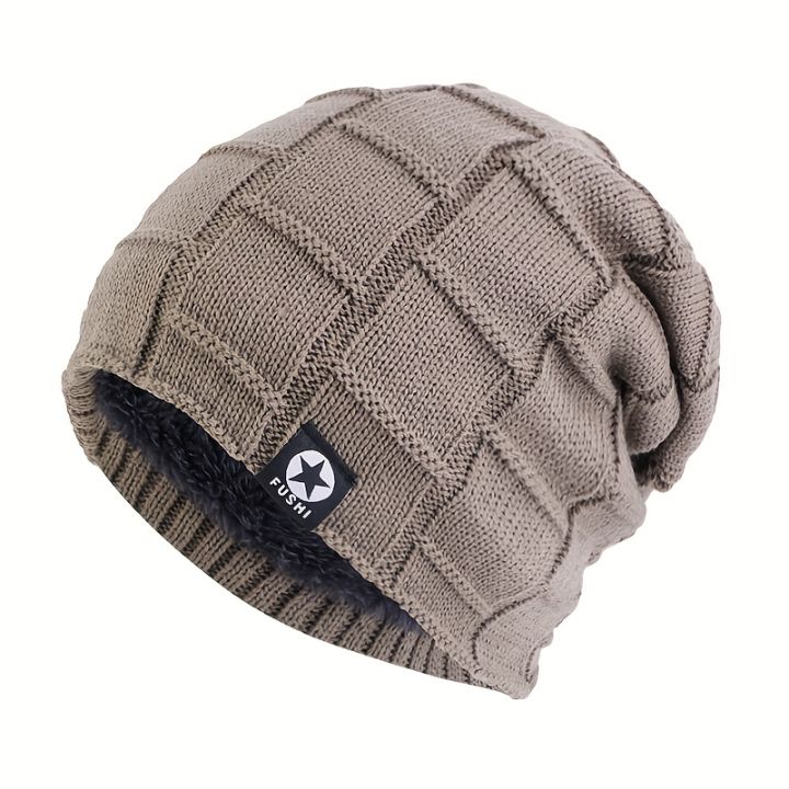 1pc Unisex Fleece Lined Thick Soft Stretch Beanie Hat, Knit Warm