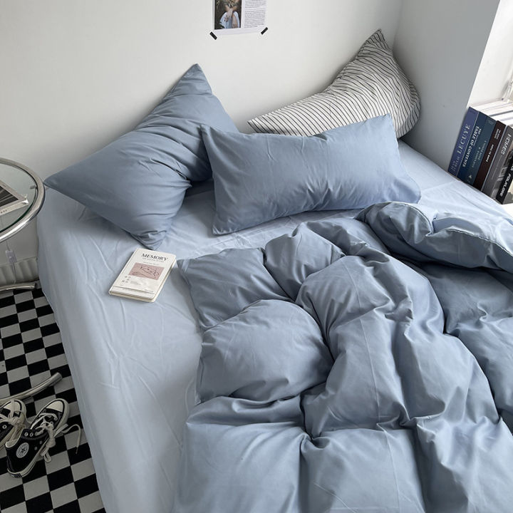 Solid%20color%20double%20four-piece%20bedding%20set%20household%20sheets%20duvet%20cover%20washed%20cotton%20bed%20sheet%20style%20double%20dormitory%20-%20Image%203