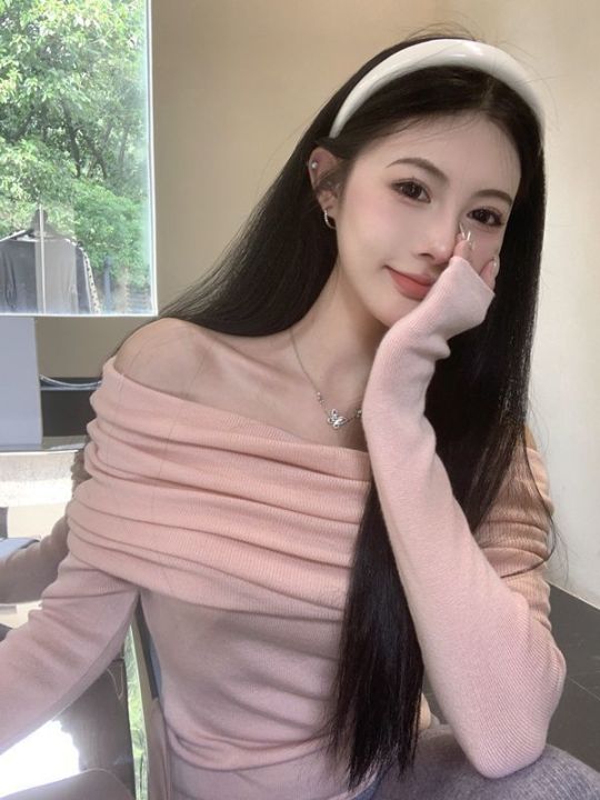 Idle%20Style%20off-Shoulder%20Collarbone%20Knitted%20Sweater%20Spring%20Gentle%20Slim%20Fit%20Slimming%20Thin%20Long%20Sleeve%20Bottoming%20Shirt%20Top%20-%20Image%203