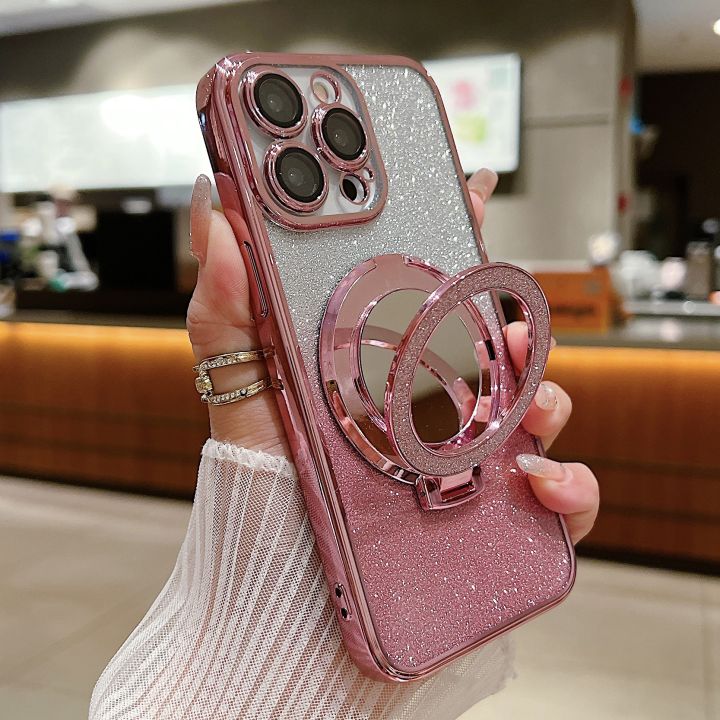 【Shop the Latest Trends】 HODON Plating Glitter Diomand Magnetic Ring Holder Phone Cases For 16 15 11 12 13 14 Pro 7 8 Plus X XR XS Case Lens Film Gradient Make-up Stand Cover