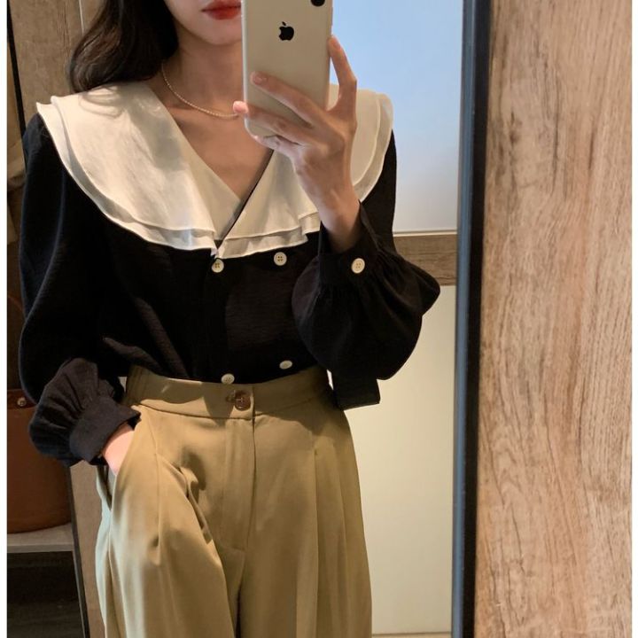 Korean%20Style%20Contrast%20Color%20Double%20Doll%20Collar%20Shirt%20Women's%20Spring%20New%20Pleated%20Chiffon%20Shirt%20Top%20-%20Image%204