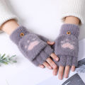 New Korean Cute Cartoon Cat Claw Warm Gloves Autumn Winter Wool Knitting Half Refers To Flip Gloves 1Pair.