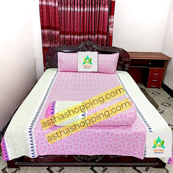 Cotton Fabric (সুতি কাপড়) Printed 7.5 by 8 Feet Double King Size Bedsheet Set with Two Pillow Covers