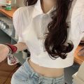 Korean Fashion Women's Shirt Summer Elegant Youth Blouses Clothes Preppy Puff Sleeve White Shirts Cropped Cute Top 2023. 